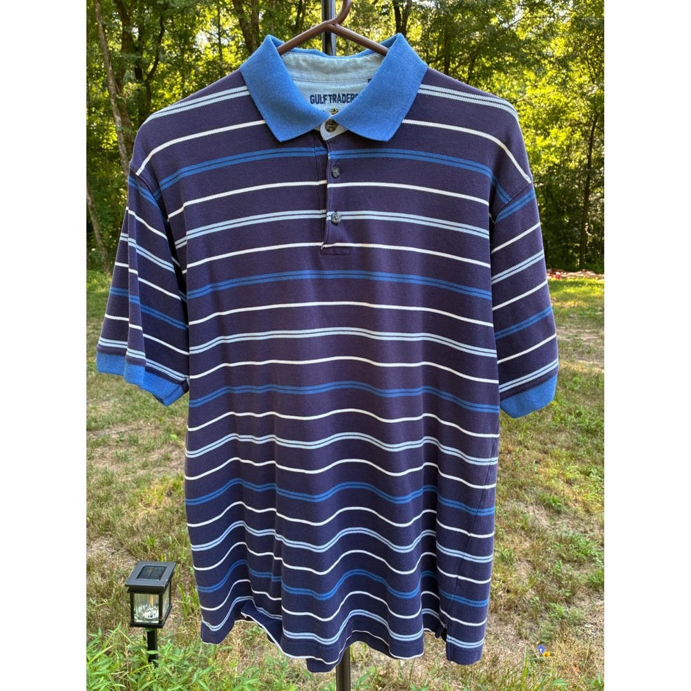 Vintage Gulf Traders Classic Polo Shirt Mens M Blue Striped 100% Cotton Golf Y2K - Picture 4 of 9